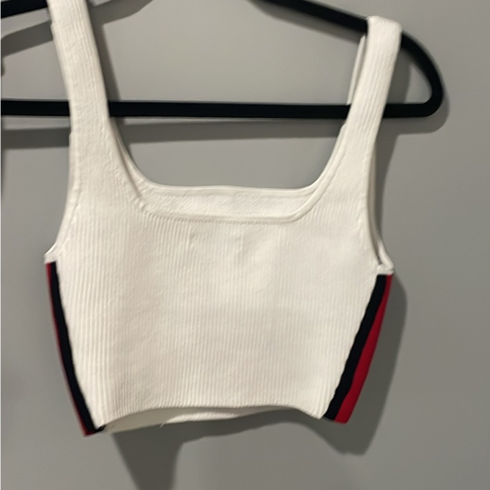 Babaton White Ribbed Crop Top with Red and Black Stripes